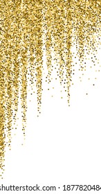 Round gold glitter luxury sparkling confetti. Scattered small gold particles on white background. Emotional festive overlay template. Nice vector background.