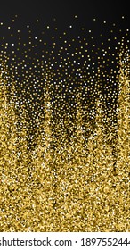 Round gold glitter luxury sparkling confetti. Scattered small gold particles on black background. Enchanting festive overlay template. Noteworthy vector background.