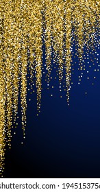 Round gold glitter luxury sparkling confetti. Scattered small gold particles on dark blue background. Emotional festive overlay template. Neat vector background.