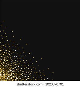 Round gold glitter. Messy bottom left corner on black background. Majestic vector illustration.