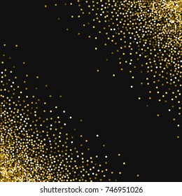 Round Gold Glitter. Scatter Cornered Border On Black Background. Extraordinary Vector Illustration.