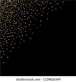 Round gold glitter. Scatter top gradient on black background. Excellent vector illustration.