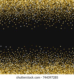 Round gold glitter. Scattered border on black background. Alluring vector illustration.