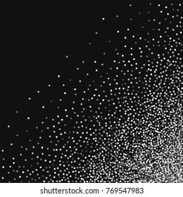 Round gold glitter. Scattered bottom right corner with round gold glitter on black background. Remarkable Vector illustration.