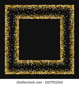Round gold glitter. Square chaotic frame on black background. Good-looking vector illustration.
