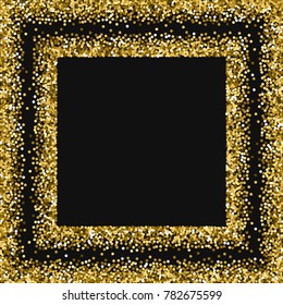 Round gold glitter. Square scattered frame on black background. Outstanding vector illustration.