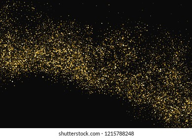 Round Gold Glitter Texture Isolated On Black. Amber Particles Color. Celebratory Background. Golden Explosion Of Confetti. Vector Illustration, Eps 10.