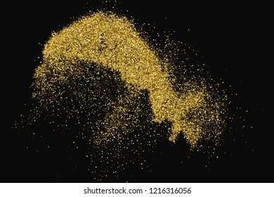 Round Gold Glitter Texture Isolated On Black. Amber Particles Color. Celebratory Background. Golden Explosion Of Confetti. Vector Illustration, Eps 10.