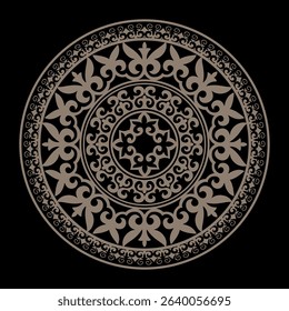 Round gold Kazakh national ornament, persian motiff. Kazakh national ornament. Abstract Pattern of Turkic people, Kazakh, Kyrgyz, Mongol. Medallion, embroidery, ceramic, yurt, shawl, pillow, engraving