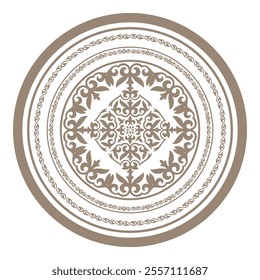 Round gold Kazakh ornament shield with a pattern in the center frame. Ornamental element of Turkic, Kazakh, Kyrgyz, Uzbek, national Asian decor for ceramic, textile, embroidery gold, skullcap, yurt