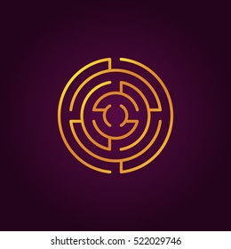 Round gold labyrinth line icon. Vector colorful circle maze symbol or logo element