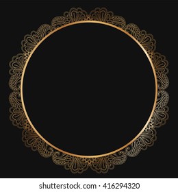 Round gold lace border frame silhouettes. Can be used for decoration and design photo frame, menu, card, scrapbook, album. Vector Illustration.