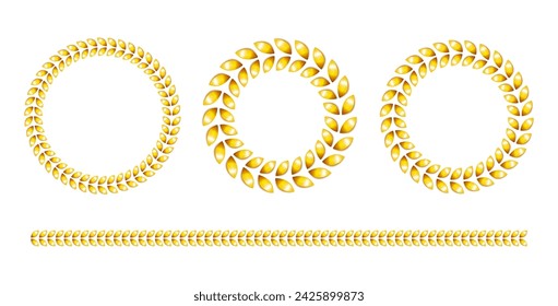 Round gold leaf frame and gold leaf border. Leaf ornament. Vector set isolated on white background.