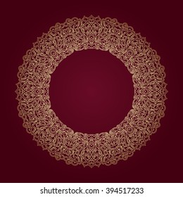 Round gold luxury style border on red background. Vector illustration