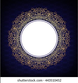 Round gold luxury style border on navy blue background. Vector illustration