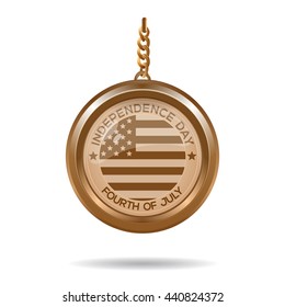 Round gold medallion on a chain with an American flag and inscription - Independence Day. Fourth of July. Independence Day. Vector illustration