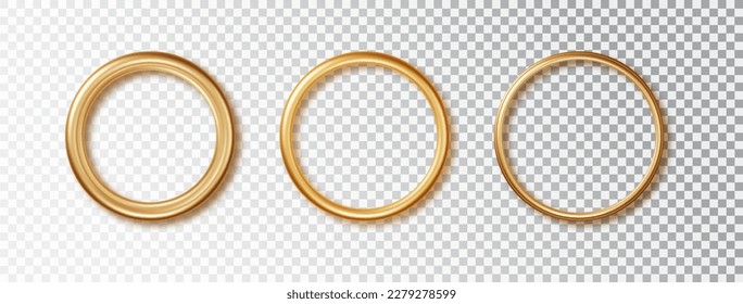 Round gold metal shiny frames different thickness with shadows isolated on transparent background.