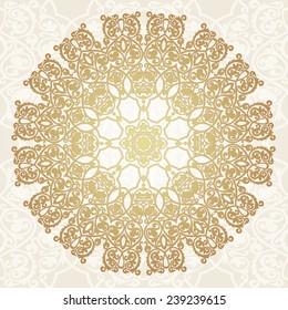 Round gold ornament in luxury style on seamless background. Vector illustration.