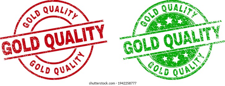 Round GOLD QUALITY seals. Flat vector scratched stamp watermarks with GOLD QUALITY caption inside circle and lines, using red and green colors. Stamp imprints with scratched style.
