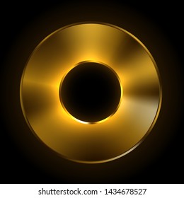 Round gold ring object luminous template on black. Vector illustration. Industrial golden part with realistic light and shadow. Reflective metallic tool for web icon or button. Metal coin concept.