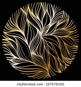 rosette dorado redondo con curvas delgadas. emblema abstracto sobre fondo negro