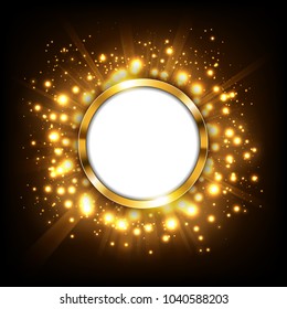 Signo dorado redondo con espacio de texto en concepto de big bang dorado. Adecuado para publicidad, y otros. Ilustración vectorial