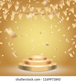 Round gold stage podium on award ceremony background . Vector illustration