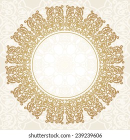 Round gold Victorian style frame on seamless background.Vector illustration