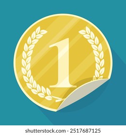 Round gold vignette of first place with laurel wreath and fold in flat design style on blue background with long shadow