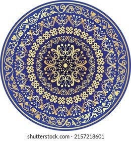 Round gold-blue vintage pattern over white. Vector eps 10