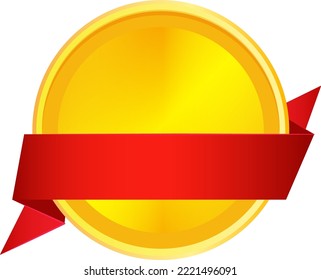Round golden badge with red ribbon. Blank emblem mockup