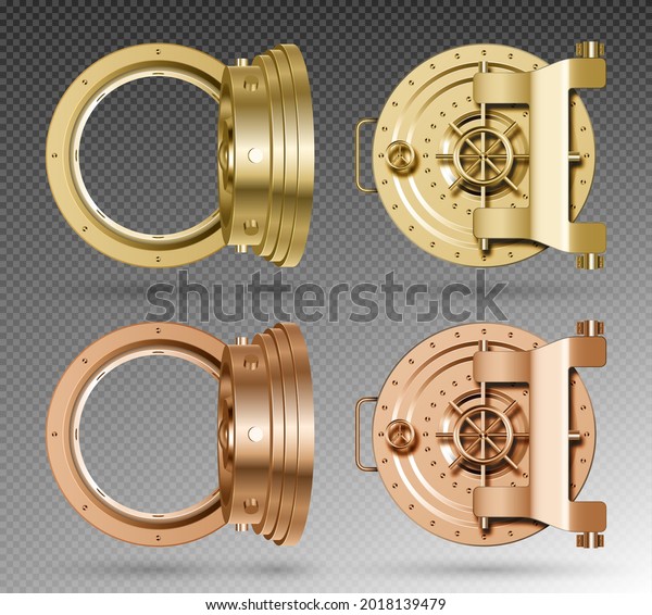 Round golden bank vault doors set on\
transparent background. Vector\
realistic