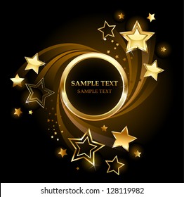 Round golden banner with gold, shining stars on a black background.