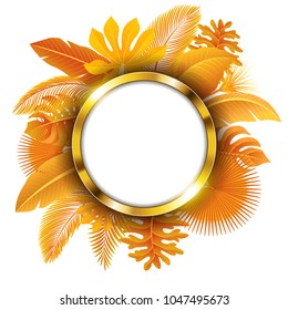 Round golden banner with text space of Turn yellow Tropical Leaves. Suitable for nature concept, vacation, and autumn. Vector Illustration