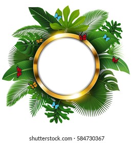 Round Golden banner with text space of Tropical Leaves and butterflies. Suitable for nature concept, vacation, and summer holiday. Vector Illustration