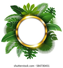 Round golden banner with text space of Tropical Leaves. Suitable for nature concept, vacation, and summer holiday. Vector Illustration