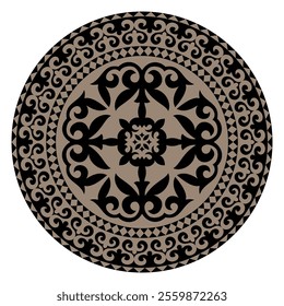 Round golden black Frame ornament, workpiece for your design. Ornamental Oriantal elements and motifs of Kazakh, Kyrgyz, Uzbek, national Asian decor for plate, textile, print design, For sandblaster