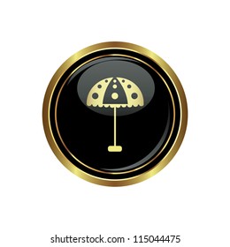 Round golden button with beach umbrella icon. Vector illustration