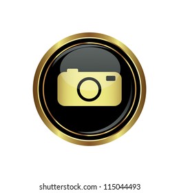 Round golden button with camera Icon. Vector illustration