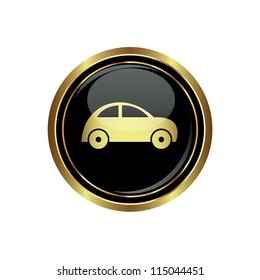 Round golden button with car icon. Vector illustration