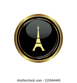 Round golden button with Eiffel tower icon. Vector illustration