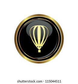 Round golden button with hot air balloon icon. Vector illustration