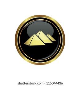 Round golden button with pyramids icon. Vector illustration