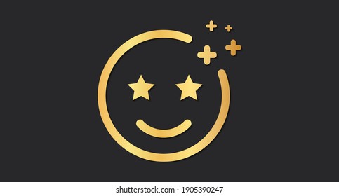 Round golden cartoon bubble emoticons social networks. Chat comments reactions, icons template smile, love, like, lol, laugh. Golden linear funny face isolated on a dark background. Vector 