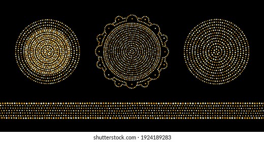 Round golden dot frames set. Circle shapes made of gold foil spangles, hand drawn uneven dots, glittering beads, blobs, spots. Dotty abstract ornamental backgrounds, vector dotted border template.