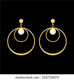 Round Golden Earrings with pearl Vector Flat Style illustration. Isolated on black background. Trendy Expensive Women Accessories jewelry