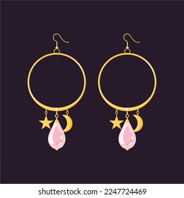 Round Golden Earrings with pink pearl, gold star and moon. Vector Flat Style illustration. Isolated on black background. Trendy Expensive Women Accessories jewelry