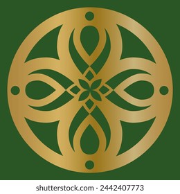 Emblema dorado redondo con pétalos en forma de cruz sobre fondo oscuro