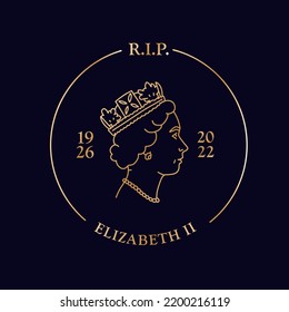 Round Golden Emblem - RIP Queen Elizabeth II Death Memorial Poster. British Monarch Young Face Profile. Linear Vector Illustration. 1926-2022