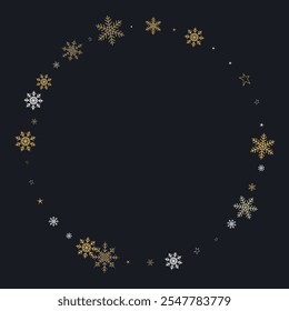 Marco dorado redondo o borde de copos de nieve sobre fondo oscuro. Elemento de diseño de invierno para Anuncio festivo, cumpleaños y tarjeta de felicitación, postal, invitación de boda. Ilustración vectorial.